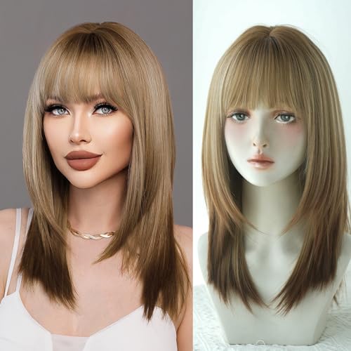 7JHH WIGS 20In Long Straight Layered Cut Wig with Bangs Brown Hair Tail Dye Wig With Brown Roots Heat Resistant Synthetic Shoulder Length Natural Looking Wigs for Women Cospaly Daily Used