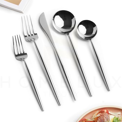 Homelux Theory 18/10 Stainless Steel Silverware Set, 4 Cutlery Set of 5pc Heavy Duty Spoons & Forks Set, Stainless Steel Kitchen Utensils, Adaline Royal Modern Utensils & Contemporary Flatware Set