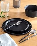 Ceramic Dinnerware Set - Scratch Resistant, Dishwasher & Microwave Safe Stoneware - 12 Piece Plates and Bowls for 4 - Matte Black