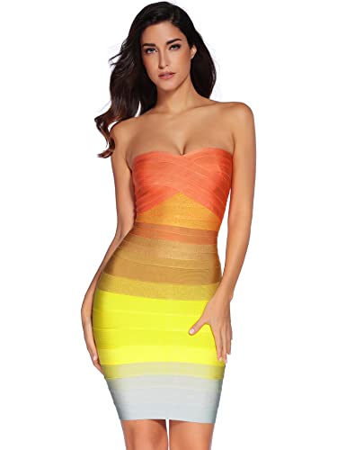 meilun Women's Rayon Strapless Bandage Dress Rainbow Stretch Party Dress (Small)