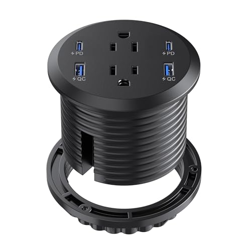 Desktop Power Grommet, 65W USB C Fast Charging, Flush Mount Recessed Power Strip 3-Inch Hole, 2 Outlets, 4 USB Ports, Countertop Outlet (Black)