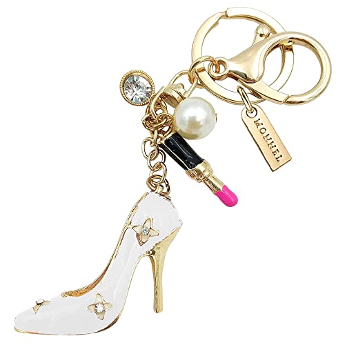 MONNEL Women's Zinc Alloy Metal 3D Crystal Lady High-heel Shoe with Lipstick Charm Lobster Clasp Key Ring Keychain ZM47 (White)