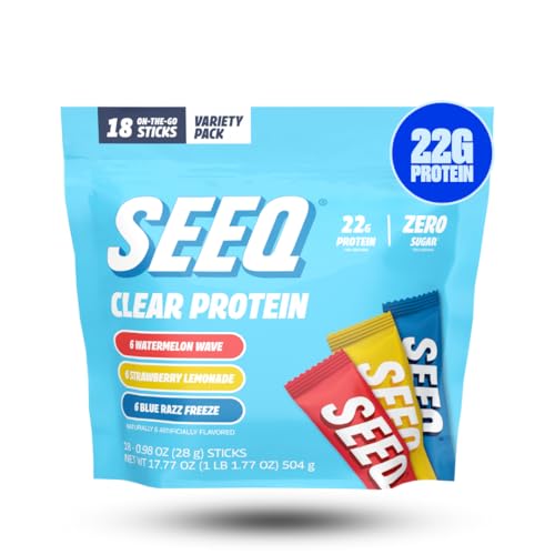 SEEQ Clear Protein Powder Sample Pack - 18 On-The-Go Sticks - 22g Clear Whey Protein Isolate - Zero Sugar - 0g Lactose - Allergen Friendly - GLP1 Support - Bone Health - Post Workout Recovery
