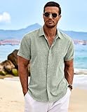 COOFANDY Men's Summer Beach Cotton Linen Short Sleeve Shirt Business Work Shirts Light Green