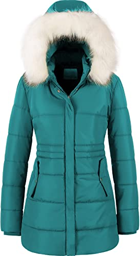 Chrisuno Women's Windproof Waterproof Ski Jacket Padded Long Down Alternative Subzero Winter Coat Faux Fur Hood Acid Blue L