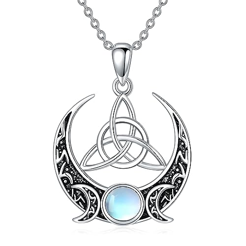 KQF Witch Necklace for Women Sterling Silver Celtic Triple Moon Pendant Necklace Pagan Magic Amulet Viking Wiccan Jewelry for Men