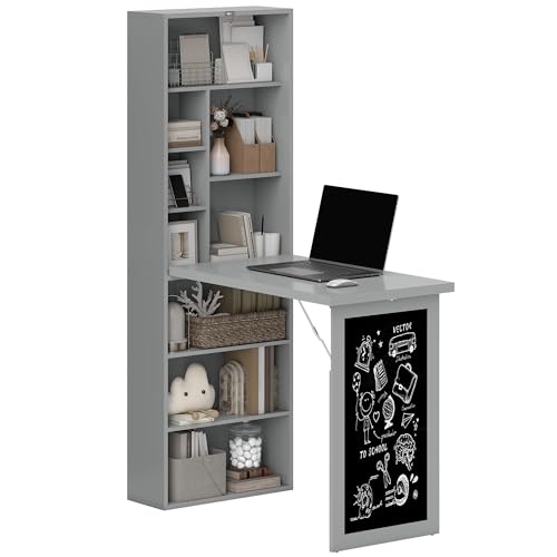 HOMCOM Fold-Out Convertible Writing Table, Wall Mount Desk Cabinet with Blackboard and Side Shelf Multi-Function Home Office Workstation, Charcoal Gray