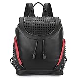 Downupdown® Fashion Backpack Purse Genuine Leather Backpack Rivet Knapsack Drawstring Bucket Bag Casual Backpacks-Black