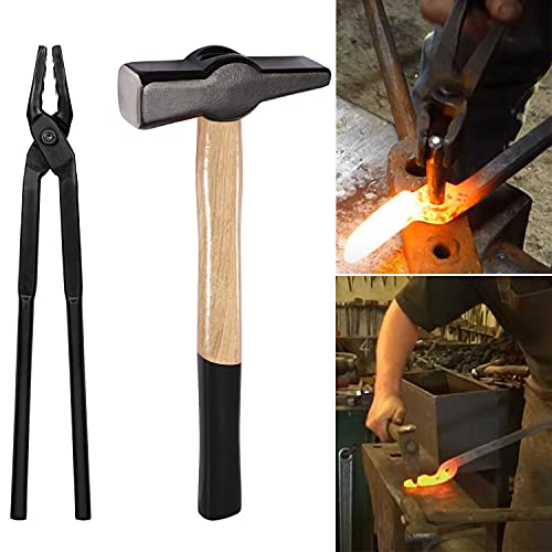 Blacksmith Forging Tools Kit - Wolf Jaw Tongs (15'') & Hammer, Anvil, Forge Tools for Making Knife