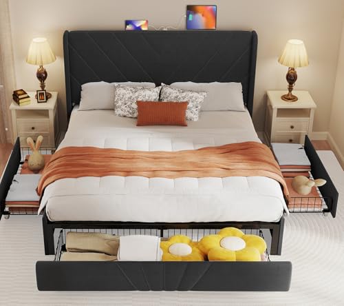 GTRACING Queen Bed Frame with Headboard Fabric Upholstered and All-Metal Support System Queen Size Bed Frame with 3 Storage Drawers No Box Spring Needed/Easy Assembly/USB/Type-C Interface