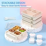 Enstphjoy 4 Pack Bento Lunch Box Set, 3-Compartment 1000ml Wheat Straw Meal Prep Containers for Kids & Adults, 4 Salad Dressing Container To Go, Microwave and Dishwasher Safe (Wheat Beige)