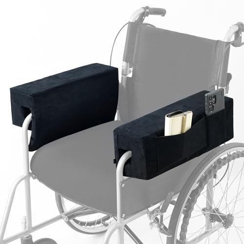 VCOMSOFT Wheelchair Accessories Armrest Pads with Side Pocket Pouch(2Pcs),Support Elbow,Reduce Pressure on The Both Sides of Back (Dark Black)