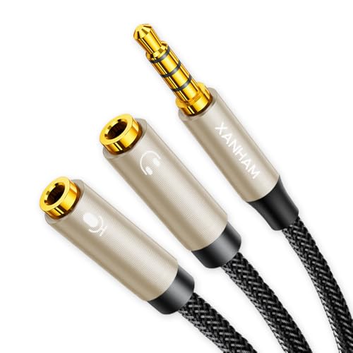 XANHAM 3.5mm Headphone Splitter Y Shape 1/8 Inch 2 TRS Female to 1 TRRS Male Mic and Audio 4 Pole Headset Stereo Adapter Cable Cord Compatible with Laptop, Smartphone, PC, Tablet, Gaming, etc