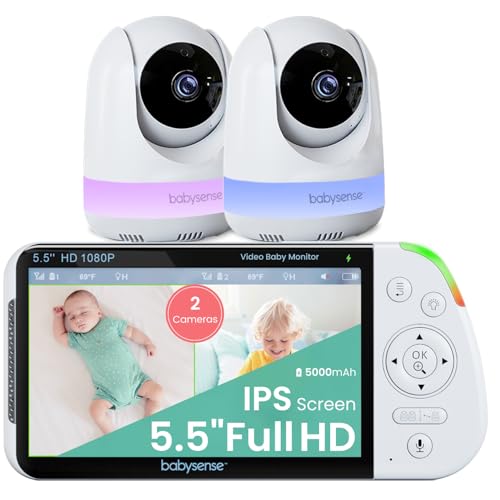 Babysense 5.5” 1080p Full HD Split-Screen Baby Monitor, Video Baby Monitor with 2 Cameras and Audio, 6-Color RGB Night Light, 1000ft Range, Two-Way Audio, 4X Zoom, 5000mAh Battery