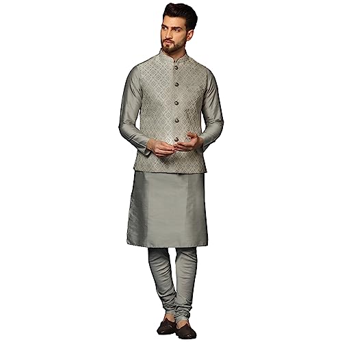 KISAH Men's Kurta Jacket Elastic Churidar Set, Silk Blend, Woven Design Regular Fit Mandarin Collar | Mens Ethnic Wear, Silver1-40