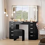 YITAHOME Illuminated Makeup Vanity Desk Set with LED Mirror and Lights, 46'' Dressing Table Boasting 11 Drawers, Power Outlet, Magnifying Glass, Complemented with Storage Stool, Sophisticated Black