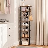 HOOBRO 8 Tiers Vertical Shoe Rack, Wooden Shoe Storage Organizer with Hooks, Narrow Shoe Tower for 8 Pairs, Space Saving, for Entryway, Living Room, Bedroom, Rustic Brown BF07XJ01G1