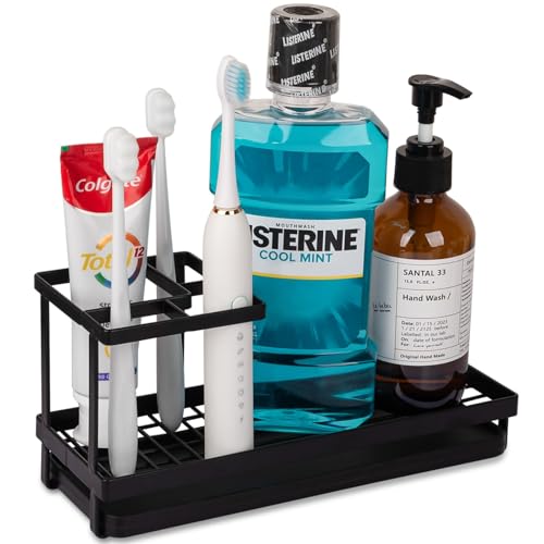 Toothbrush Holders for Bathrooms, Carbon Steel Tooth Brushing Holder Electric Toothbrush and Toothpaste Organizer Bathroom Accessories for Countertop, Shower, Sink - Matte Black