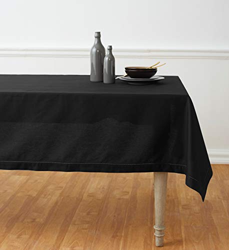 Solino Home Linen Black Tablecloth 58 x 84 Inch - Cotton Linen Hemstitch Rectangular Tablecloth - Machine Washable Table Cloth for Summer