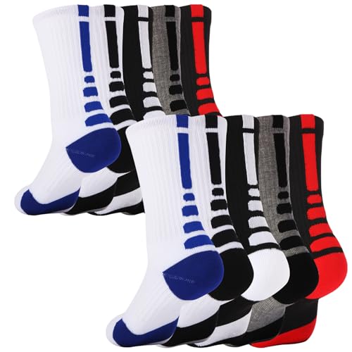 DBXIIART 5 Pairs Elite Basketball Socks Cushioned Athletic Crew Socks for Men Youth Adult Soccer Outdoor Football Running (5 Pairs A-Multicolor)