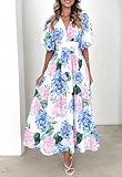 Sissyaki Women's Boho Floral Midi Dress Smocked Beach Flowy Dress Hydrangea Pink Blue Print L