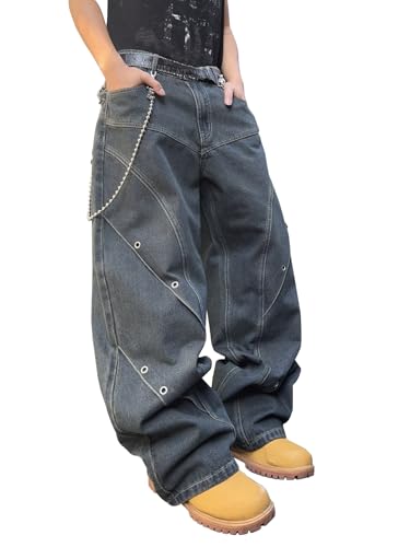DFGIGT Mens Baggy Jeans Patchwork Y2k Hip Hop Wide Leg Denim Pants Casual Loose Fit Trousers Streetwear 2000s Jinco Oversized Extreme Motion Relaxed Skater Skateboard,C12 Blue,Medium
