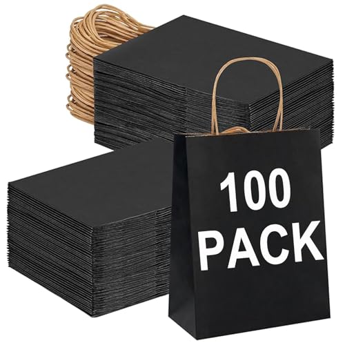 BAG BOX 100 Pack Medium 8.25x4.3x10.6 Inch Black Kraft Paper Gift Bags with Handles for Bulk Shopping, Retail, Craft, Party Favors, Wedding, Grocery & Sacks