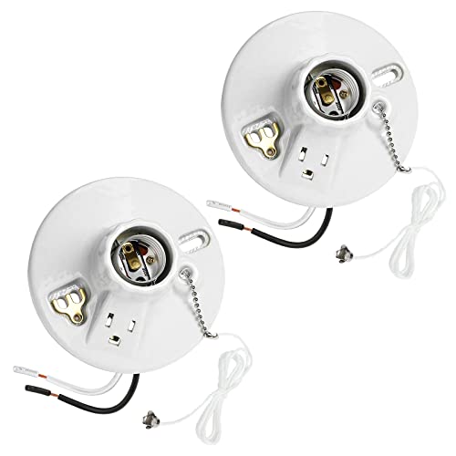 DEWENWILS Light Socket with Grounded Outlet, Porcelain Pull Chain Light Fixture, E26/E27 Base, 2 Pack, UL Listed