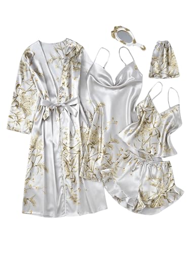 GORGLITTER Women's 5 Piece Floral Print Satin Pajama Set Nightgown Robe Cami Shorts Sleepwear with Storage Bag Light Grey Medium