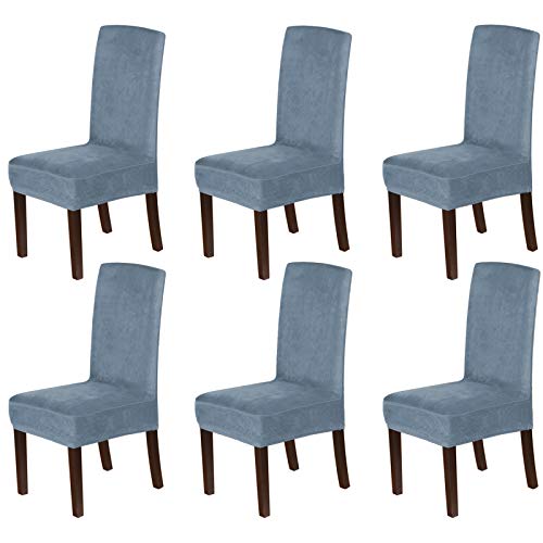 H.VERSAILTEX Velvet Dining Chair Covers Stretch Chair Covers for Dining Room Set of 6 Parson Chair Slipcovers Chair Protectors Covers Dining, Soft Thick Solid Velvet Fabric Washable, Stone Blue