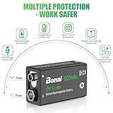 BONAI 6F22 9 Volt Rechargeable Battery(4 Pack) 600mAh Li-ion Rechargeable 9v Batteries with Charger(2 Bay) High Capacity