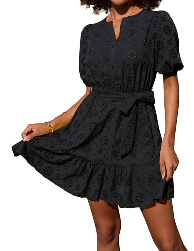 GRACE KARIN Women's Eyelet Dress Summer A-line Mini Sundress Puff Sleeve V Neck Flowy Ruffle Casual Short Shift Beach Dress Black S