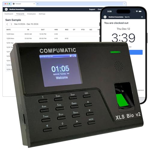 COMPUMATIC Biometric Fingerprint Time Clock with Online Cloud Hosted Software, Automatic Real-Time Punch Upload with WiFi or Wired Ethernet Connection