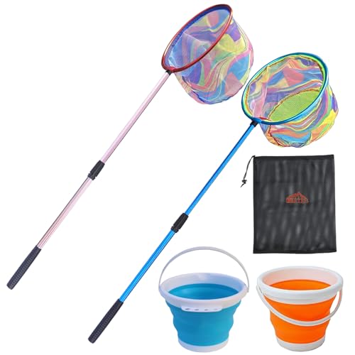 LPEIEB Kids Fishing Net 2PCS with Bucket Fishing Net Retractable Landing Net, Lightweight Aluminum Pole with Non-Slip Handle, for Catch and Release Crayfish Butterfly Fish Frog Tadpole Nets