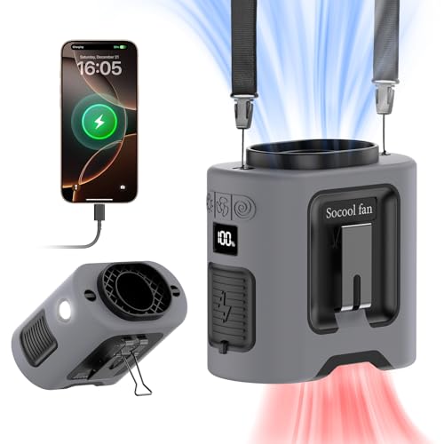Socool 14500mAh Portable Waist Fan Clip on Belt 360 Rotation Wearable Rechargeable Personal Shirt Fan, 67H Cooling 5-Speed Battery Operated Fans with Light, Neck Fan Hanging for Outdoor Camping Travel