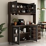 ECACAD Freestanding Kitchen Pantry Storage Cabinet with Glass Doors, Shelves & Drawers, Modern Sideboard Buffet Cabinet, Wood Kitchen Cupboard with Hutch and Hooks, Dark Brown