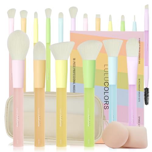 LULUCOLORS 18-Pcs Makeup Brush Set for Beginners - Travel-Friendly with Soft Arthritis-Friendly Handles & Non-Shedding Bristles | Includes Storage Bag, Eyeshadow Brushes & Sponges (Multi-Color)