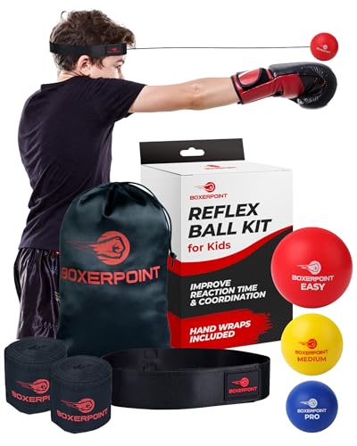Boxerpoint Kids Boxing Reflex Balls with Headband & Wraps, Exercise Ball with 3 Levels, Boxing Equipment, Agility Punch Box Training Equipment, Punching Game Practice, Gifts for Teen Boys (Kids)
