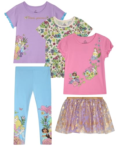 Disney Girls Skirt Set and Pants Set - 5 Piece Minnie Mouse Princess Shirts Leggings and Tutu Skirt for Toddler Girls & Kids, Size 5, Disney Princess