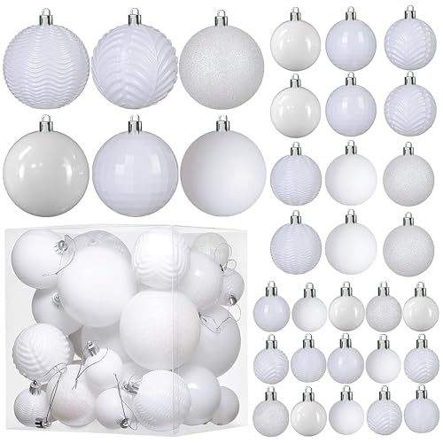 Prextex Christmas Ball Ornaments for Christmas Decorations (White) | 36 pcs Xmas Tree Shatterproof Ornaments with Hanging Loop for Holiday, Wreath and Party Decorations (Combo of 6 Styles in 3 Sizes)