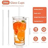 20oz Glass Tumblers with Lids and Straws, Set of 2 - Stylish Ribbed Design Drinking Glasses for Iced Coffee Cups, Juice, Smoothies, Cold Beverages, Includes Cleaning Brush, Durable Glassware