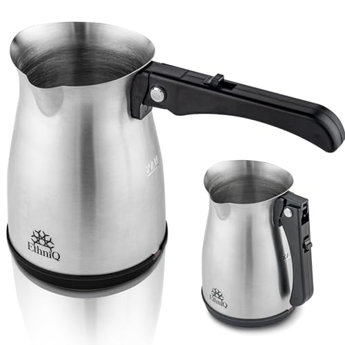 ETHNIQ Turkish Coffee Pot - Stainless Steel, 120V, 1 to 4 Cup Capacity, Fast Brewing, Delicious Cup of Turkish, Arabic & Greek Coffee Maker with Foldable Handle for Home & Travel & on-off Button