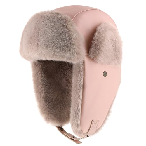 PU Leather Trapper Hat with Faux Fur Lining Warm Aviator Hat - Durable Stylish Winter Headwear for Skiing Hunting Snowboarding (Light Pink)