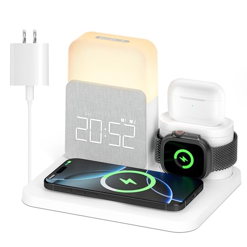 Alarm Clock with Wireless Charger for Bedrooms, 7 in 1 Wireless Charging Station, Mag-Safe Charger with Night Light Bedside Clock for iPhone 16 15 14 13 12 Pro Max, Apple Watch, AirPods