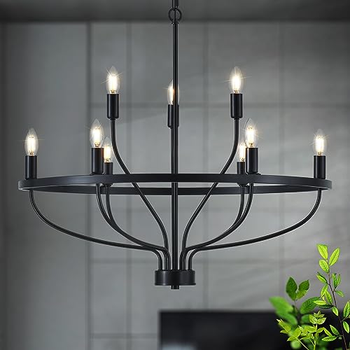 Widluth Industrial 30" Black Chandelier Vintage 9-Lights Farmhouse Candle Style Black Chandeliers Light Fixture Retro Modern Black Chandelier for Dining Room, Kitchen Island, Living Room, Bedroom, E12