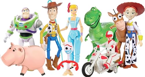 Disney and Pixar Toy Story Storytellers Figure Pack, 6 Figures & Vehicle, Woody Buzz Rex Forky Bo Peep Duke Caboom & Toy Motorcycle, Carnival Crew