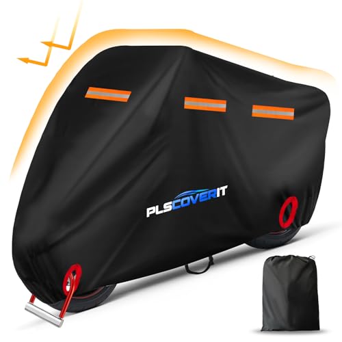 Plscoverit Motorcycle Cover, 600D Heavy Duty Waterproof Motorbike Cover, Dustproof Motorcycles Vehicle Cover Scooter Shelter Protection with Reflective Strips & Storage Bag 97.5" x 41" x 50"