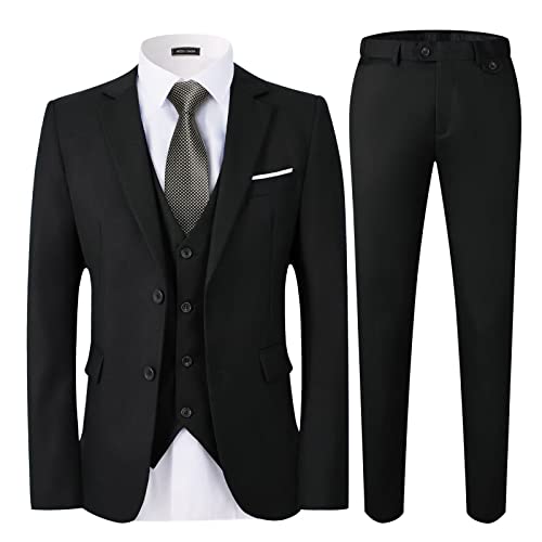 WEEN CHARM Men's 3-Piece Slim Fit Suit Set-2-Button Blazer,Vest & Pants-Formal Wedding,Prom,Party & Business Tuxedo Black