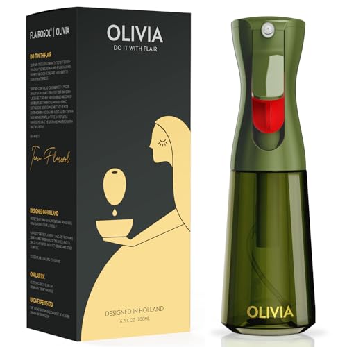 FLAIROSOL OLIVIA Oil Sprayer for Cooking, 200ml Glass Olive Oil Sprayer, Continuous Cooking Spray with Portion Control, Oil Dispenser for Kitchen, Air Fryer, Salad, BBQ (Green Bottle, Gold Print)