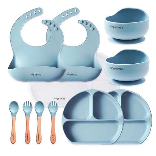 Baby Feeding Essentials Silicone Ange Smile 12 Set Bib, Baby Bowl, Suction Plate, Spoon, Fork Eating Utensils for 6+ Months Kids Toddler Kawaii (Blue)